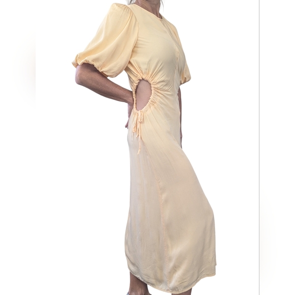 Nobody’s Child Yellow Puff Sleeve Cutout Midi Dress Sustainable EcoVero Size 4 - Picture 3 of 9